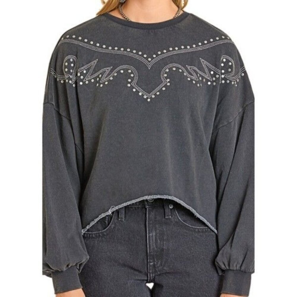 Rock & Roll Denim Women's XL Long Sleeve Embroidered Cut Off Sweatshirt Black
